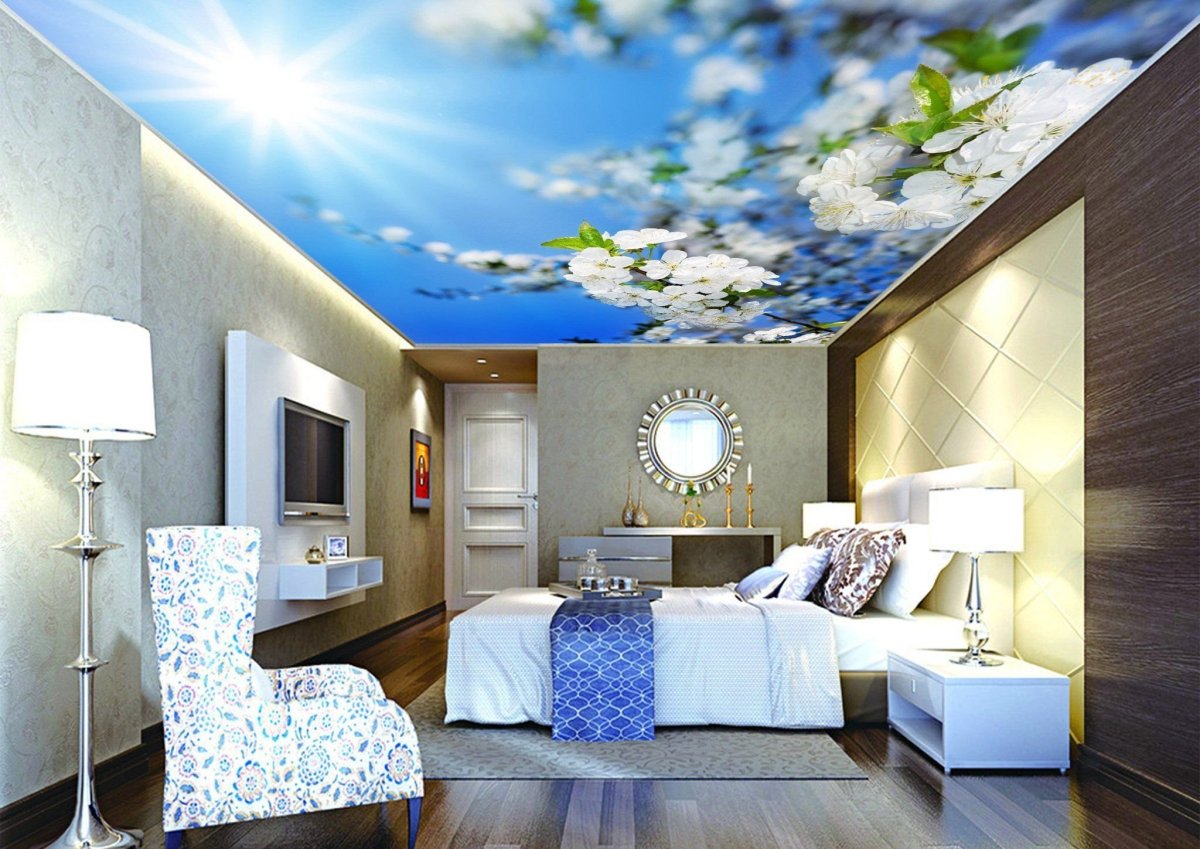 Фотообои на потолке в интерьере