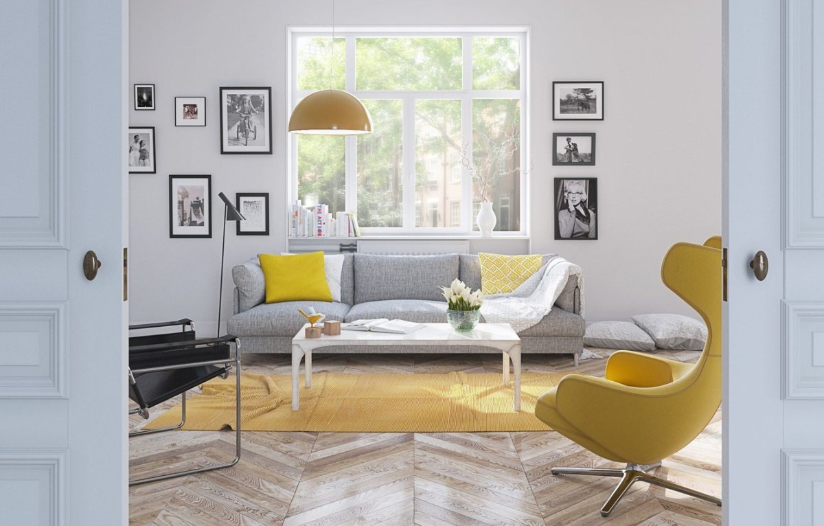 Желтый диван в Сканди стиле