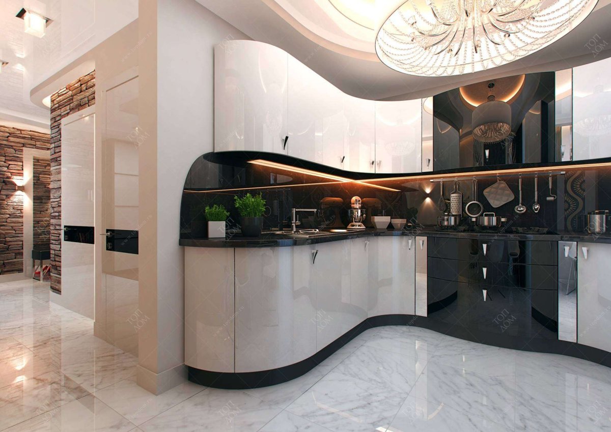 Белая глянцевая кухня с черной столешницей