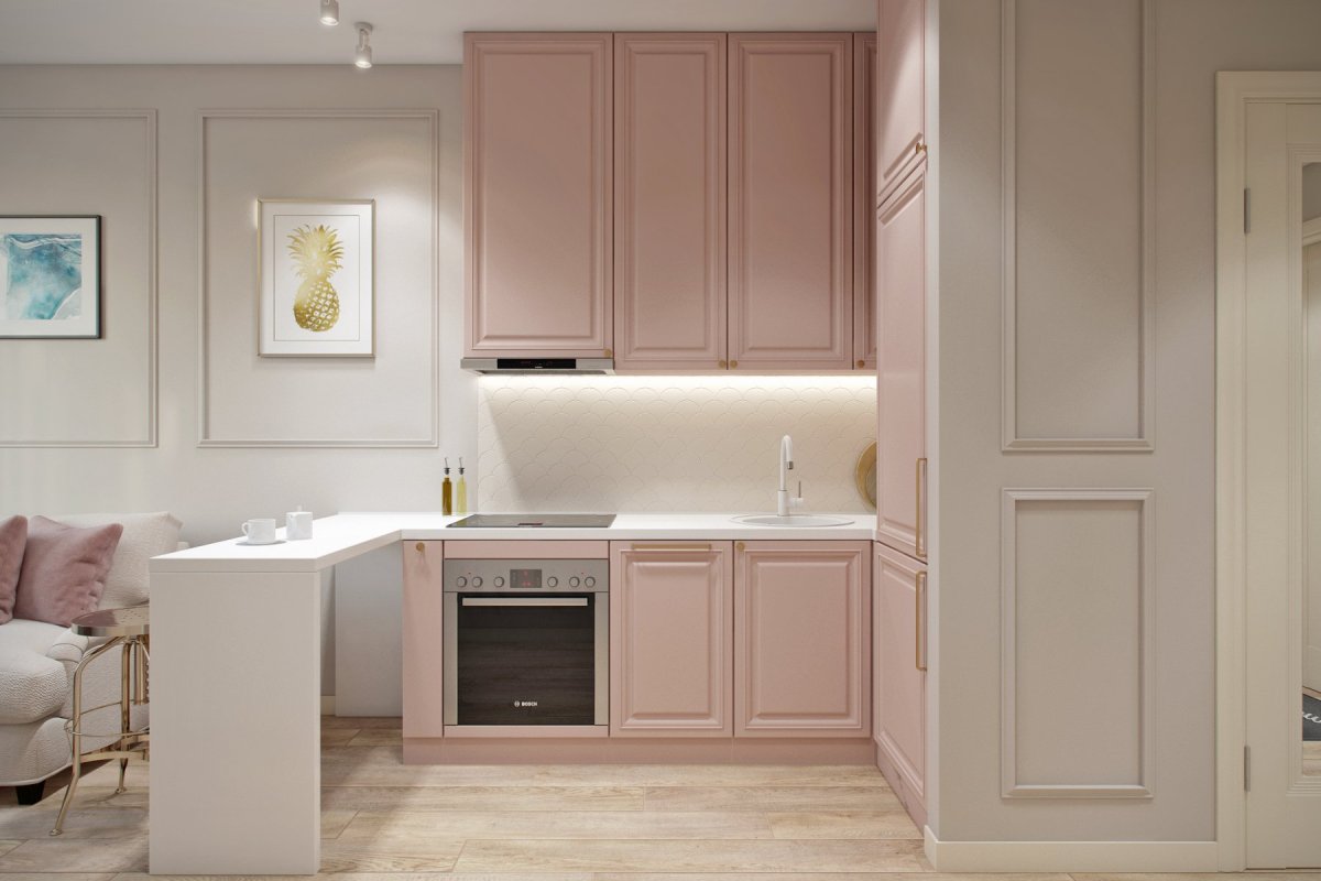 Пудровый кухонный гарнитур в интерьере