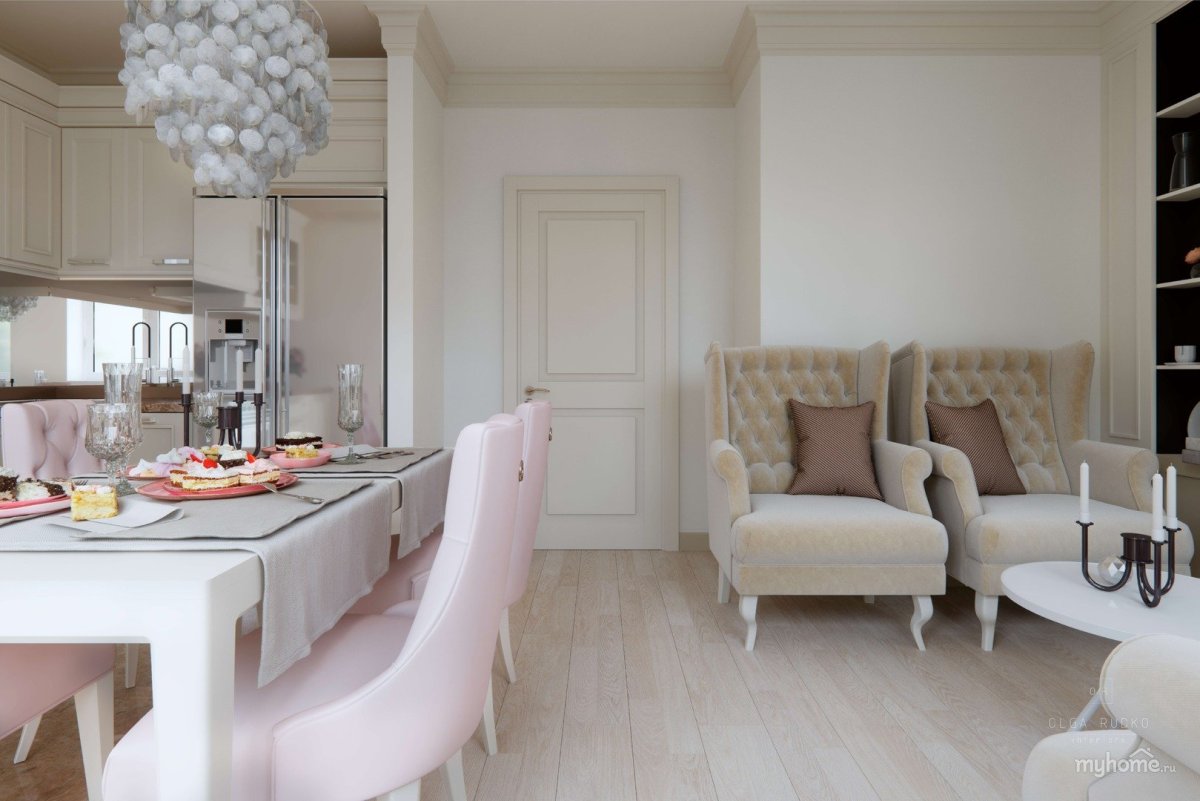 Кухня гостиная в Жемчужном цвете