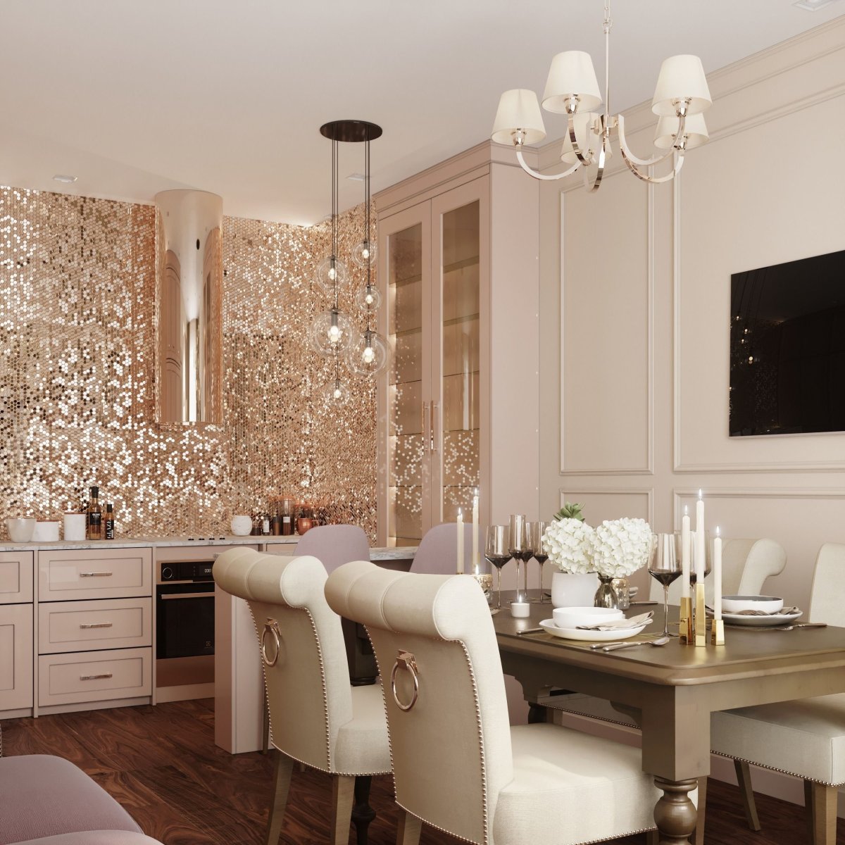 Интерьер кухни в пудровых тонах