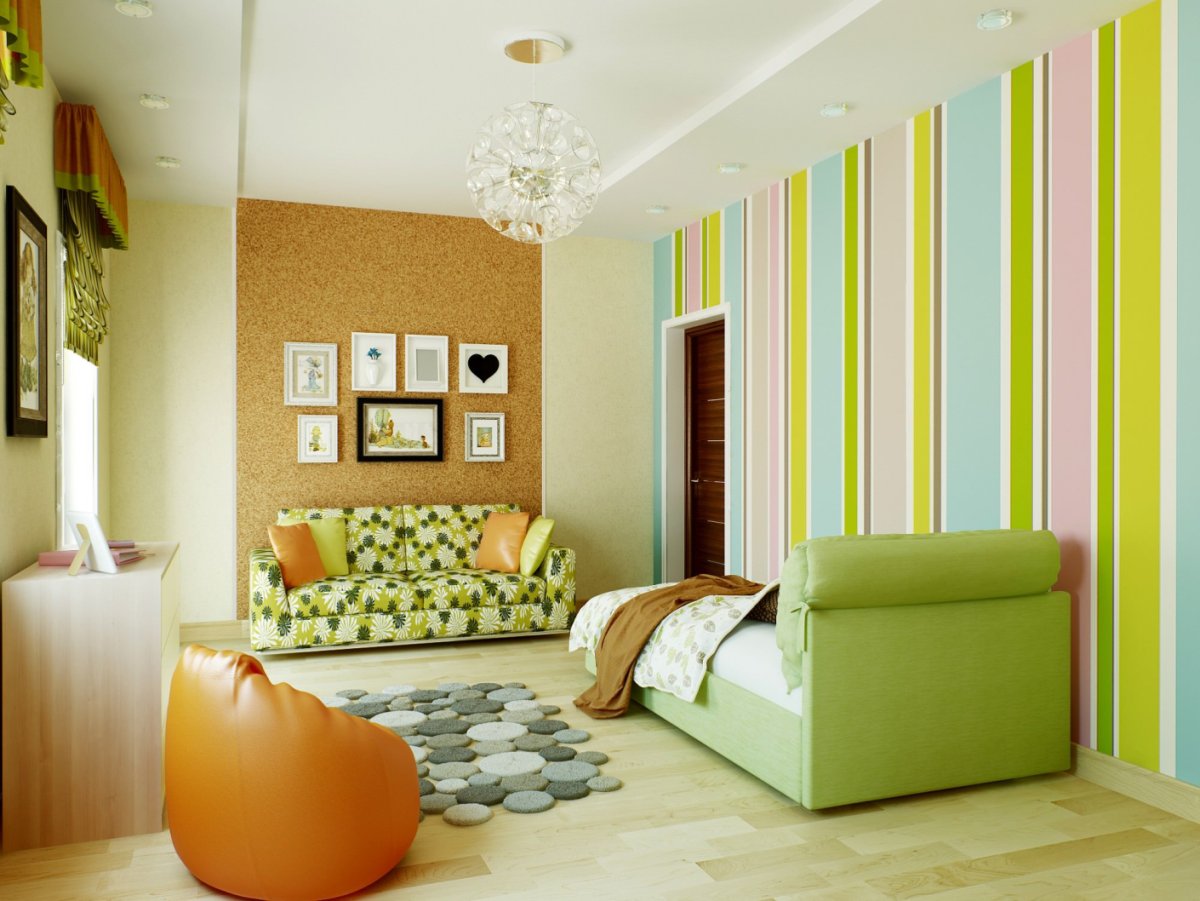 Желто зеленая детская комната в полоску