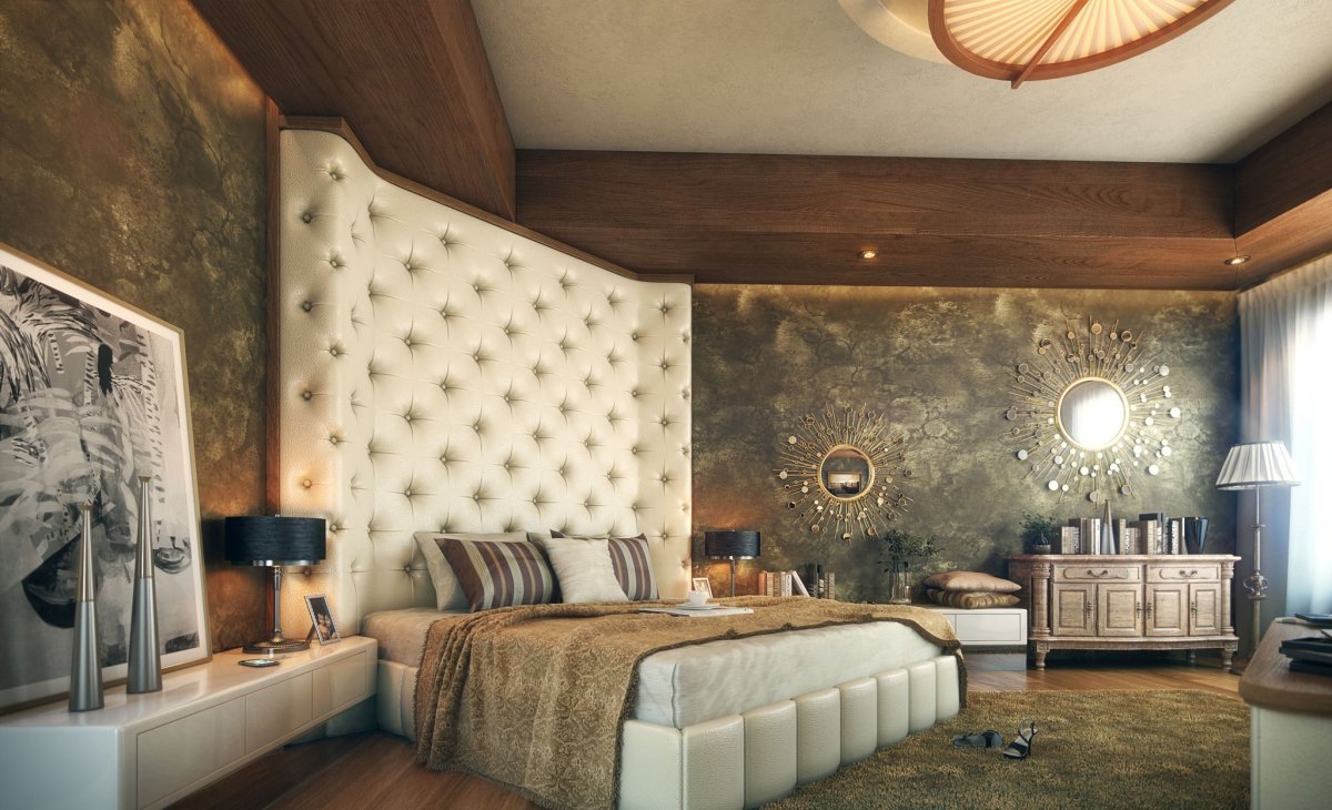 Отделка стен спальни тканью