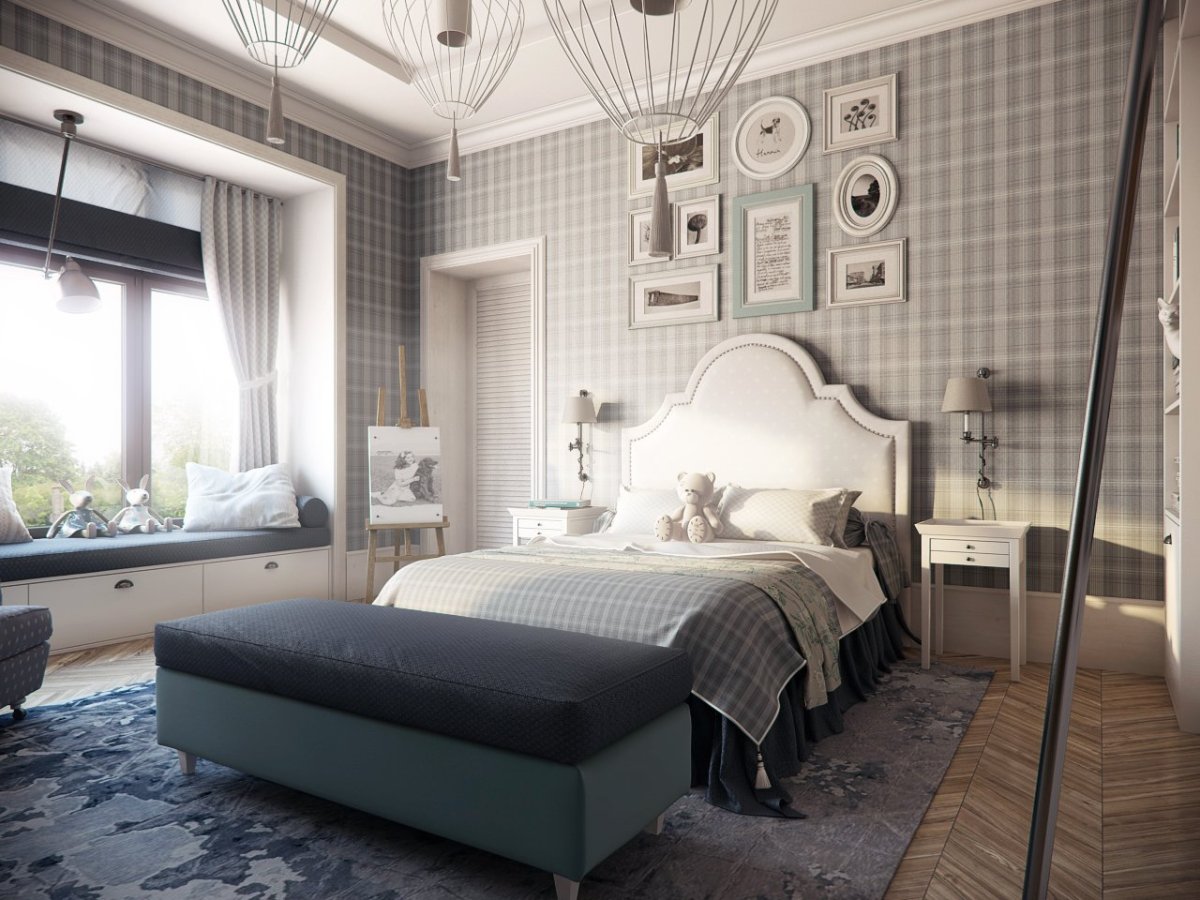 Интерьер спальни в клеточку