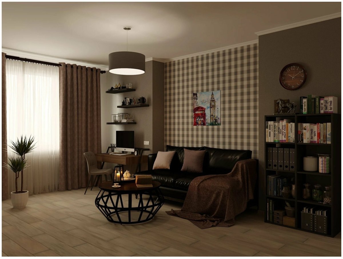 Шторы в клетку в интерьере гостиной