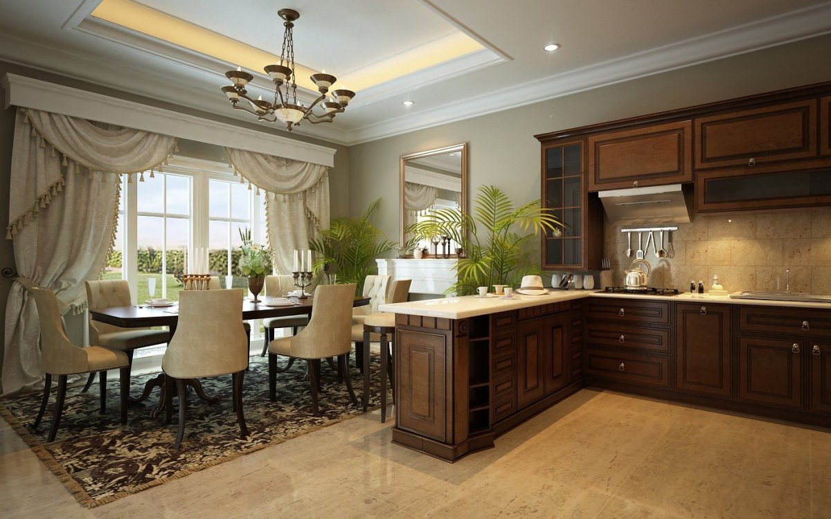 Интерьер большой столовой в частном доме