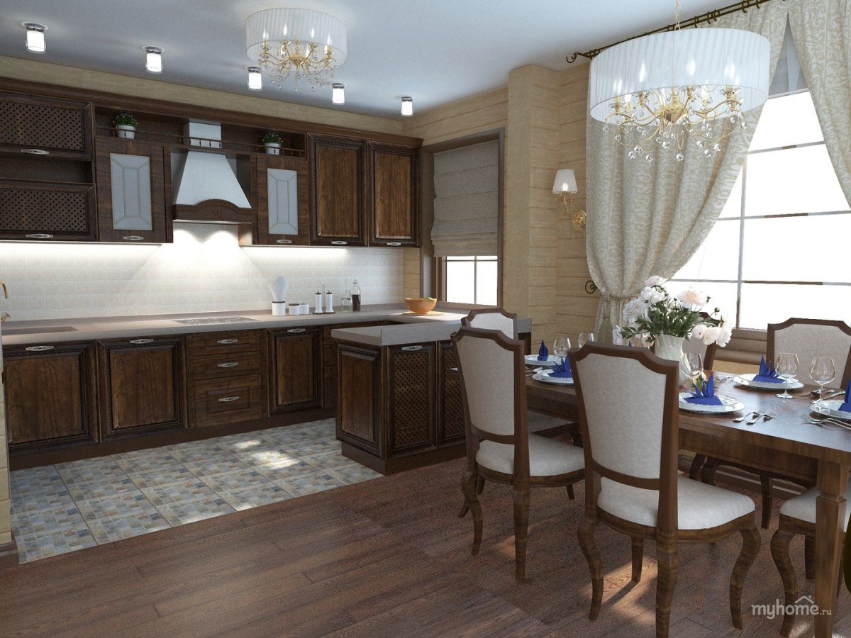 Кухня столовая в загородном доме