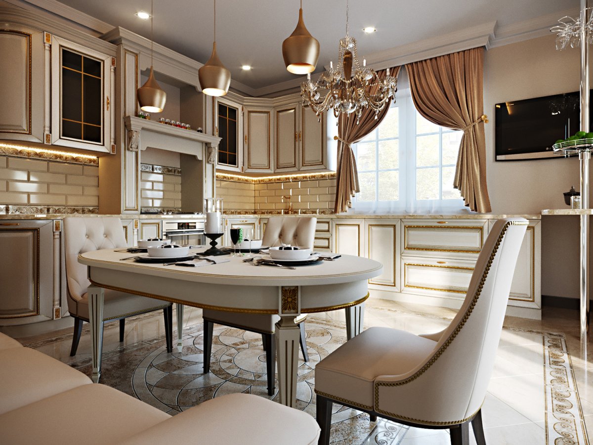 Кухня-столовая с островом Неоклассика