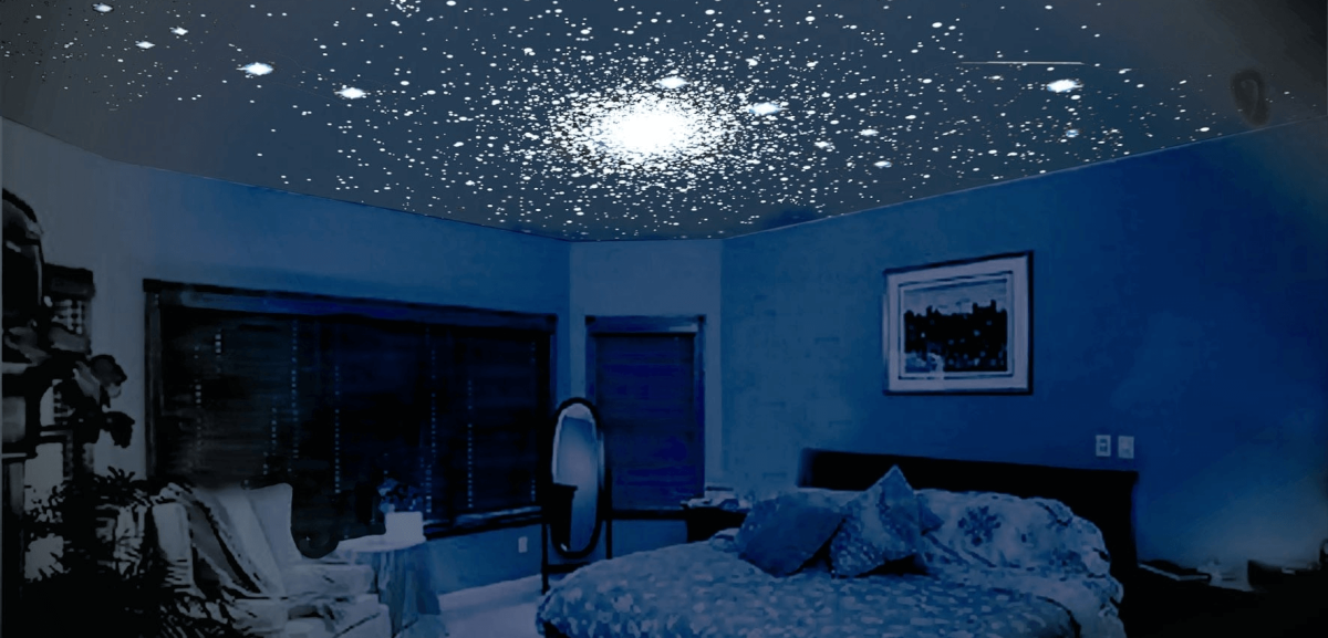 Натяжной потолок Звёздное небо с подсветкой в спальне