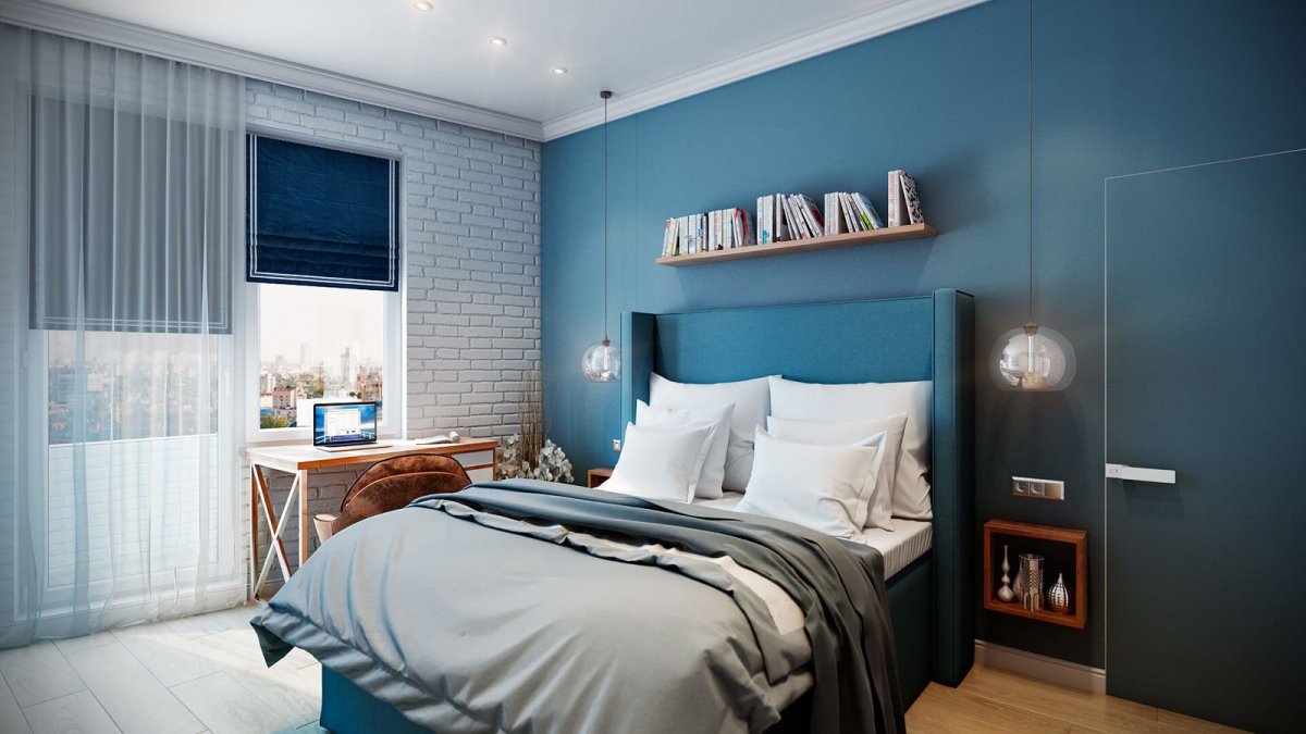 Спальня в серо-синих тонах ТВ зона