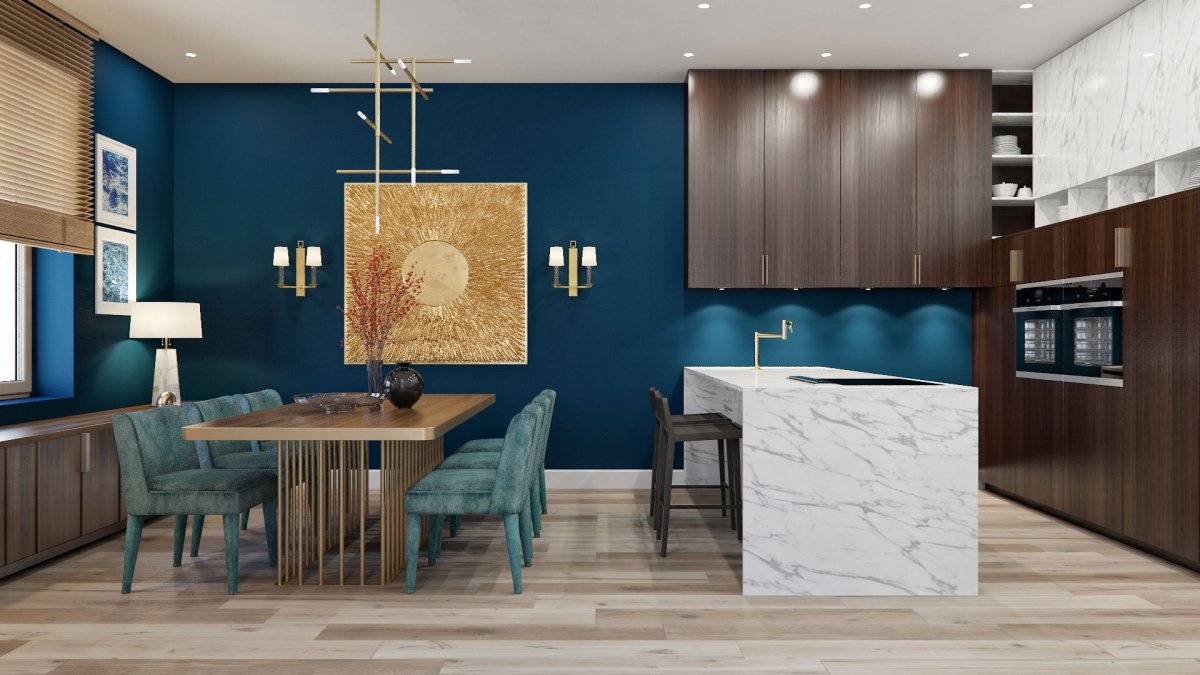 Синие стены в интерьере кухни