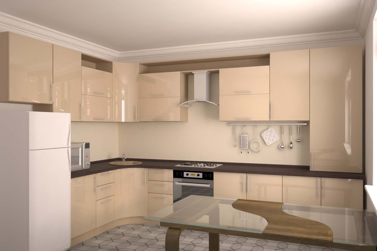 Угловая кухня в бежевых тонах