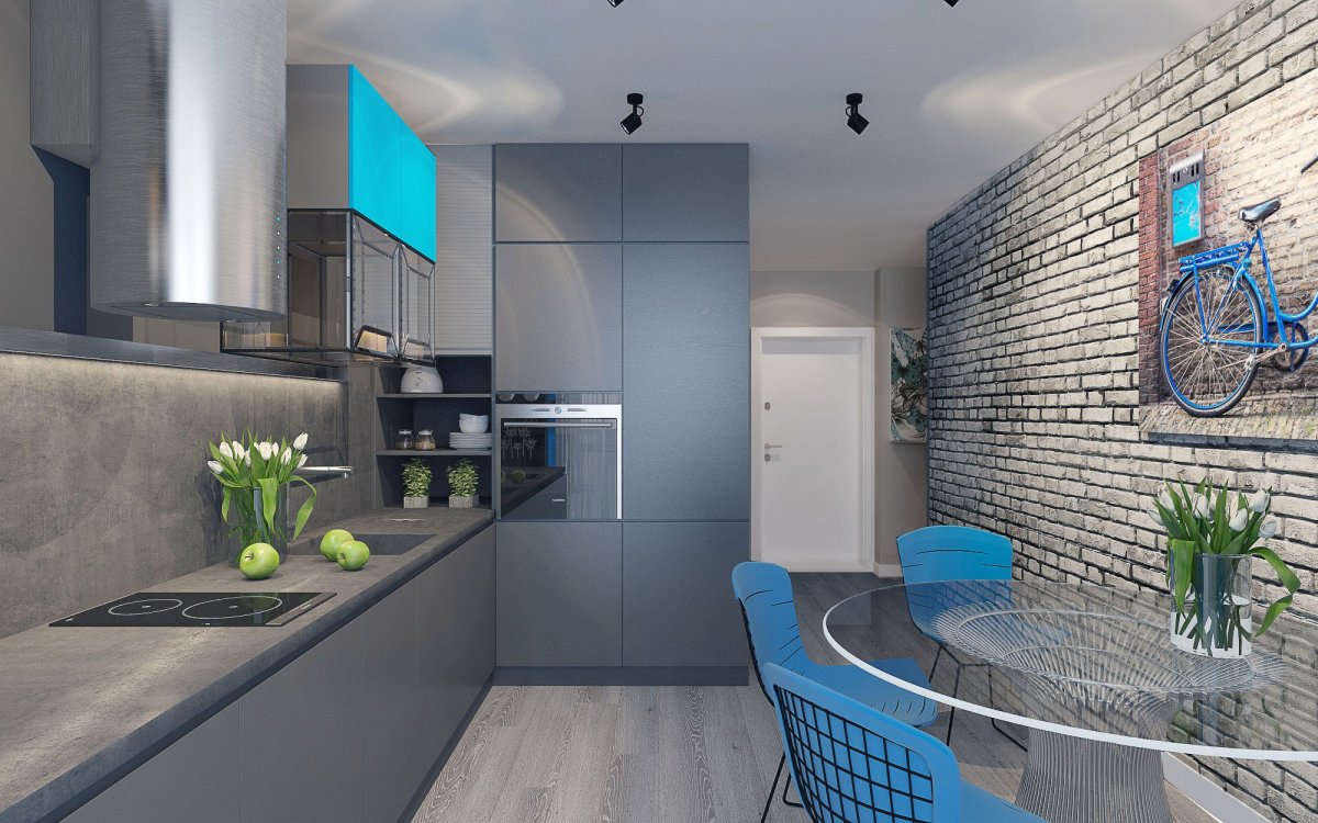 Кухня в серых тонах с яркими акцентами