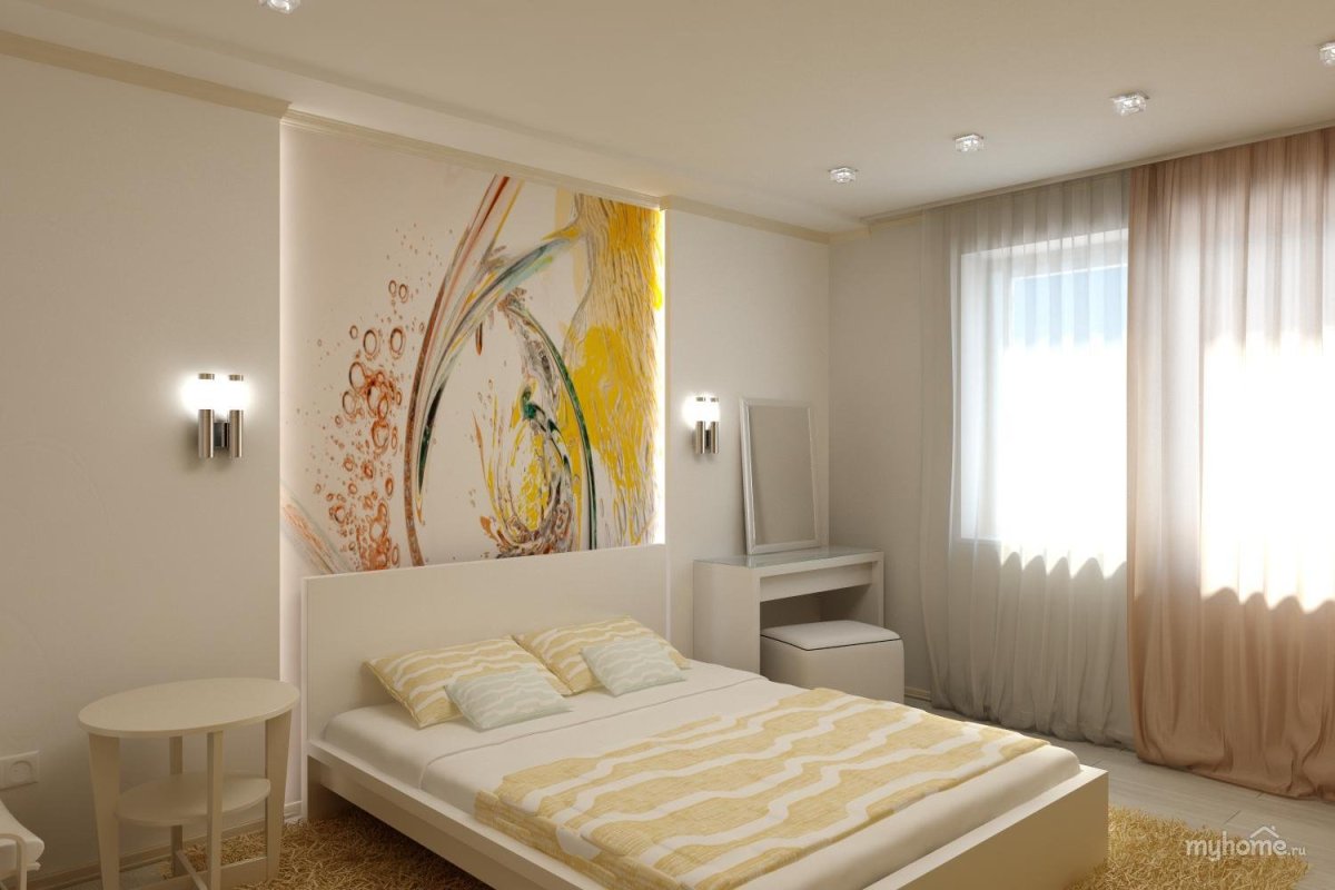 Спальня в бежевых тонах с яркими акцентами