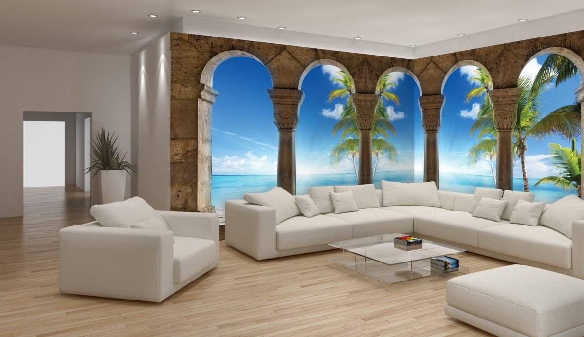 Фотообои в гостиной угловые