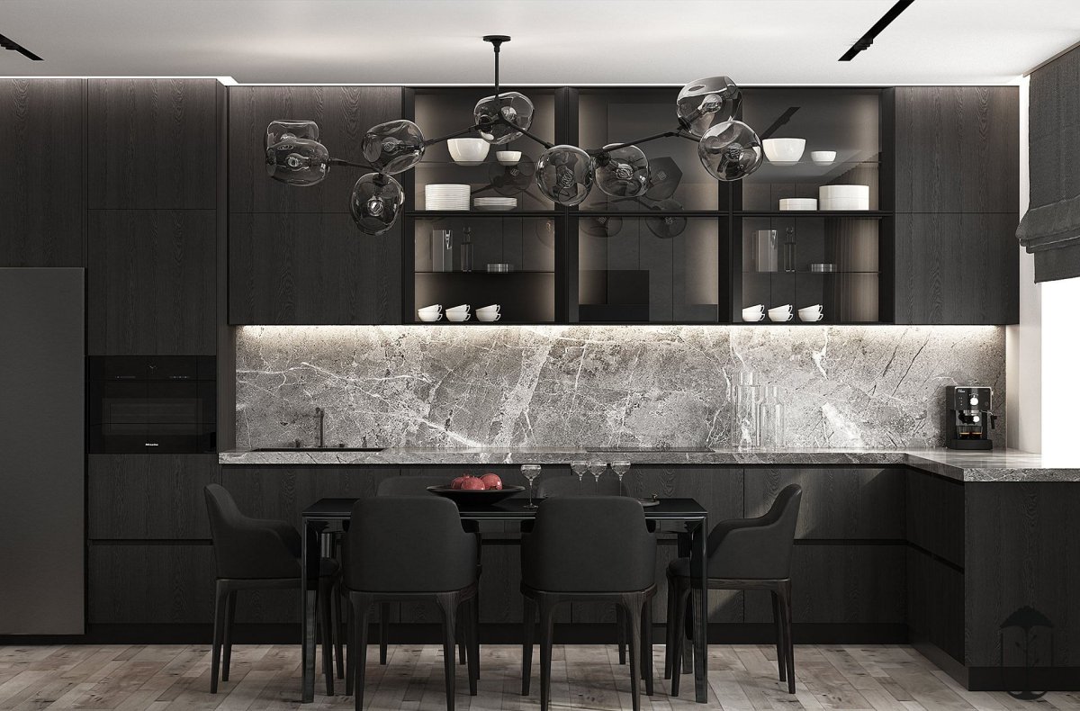 Кухня с черным стеклом