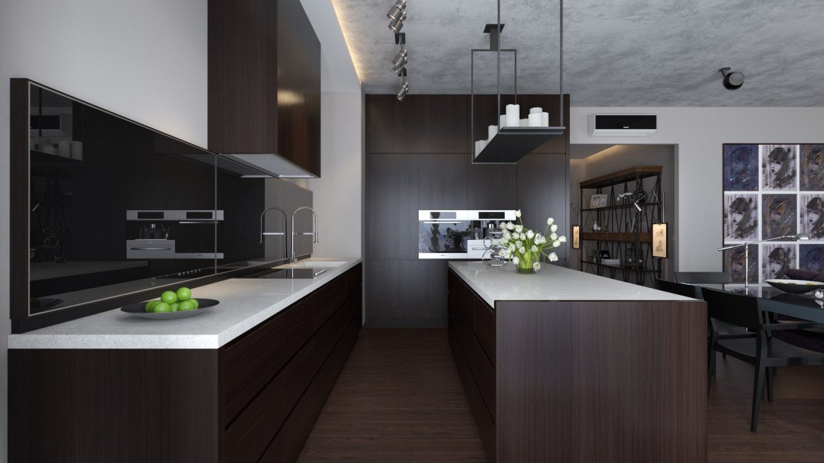 Кухнягостинная в темных тонах