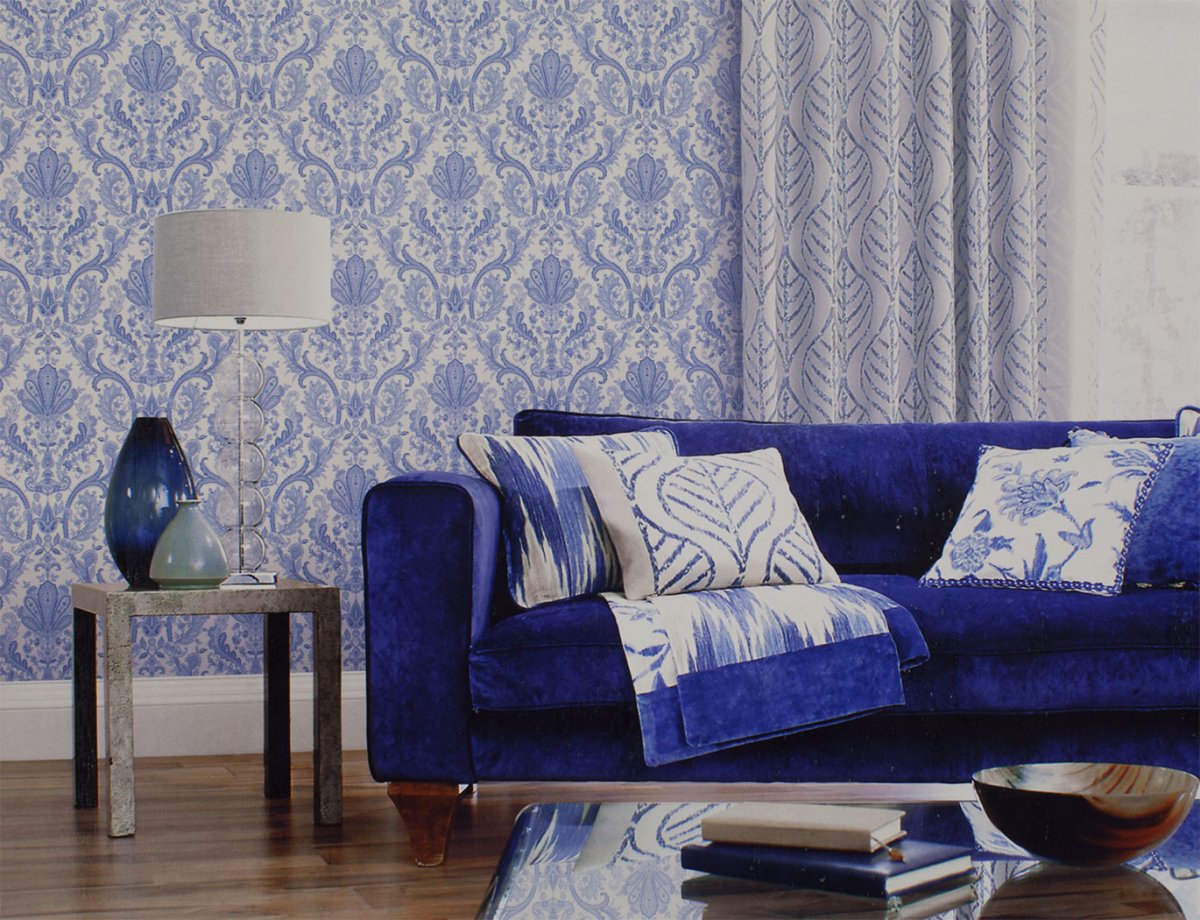Обои синие для стен в интерьере