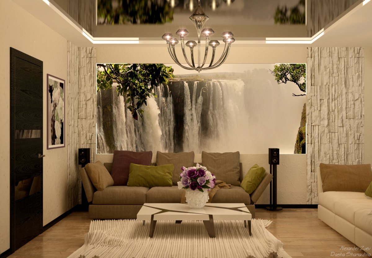 Фотообои в интерьере гостиной за диваном