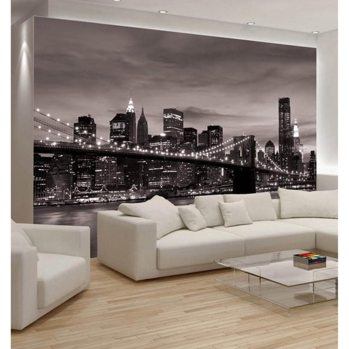 Фотообои в гостиную над диваном