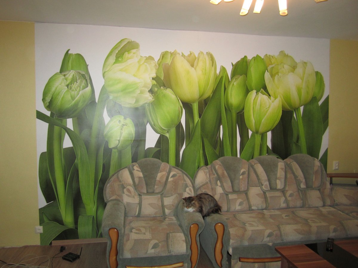 Фотообои тюльпаны на кухне