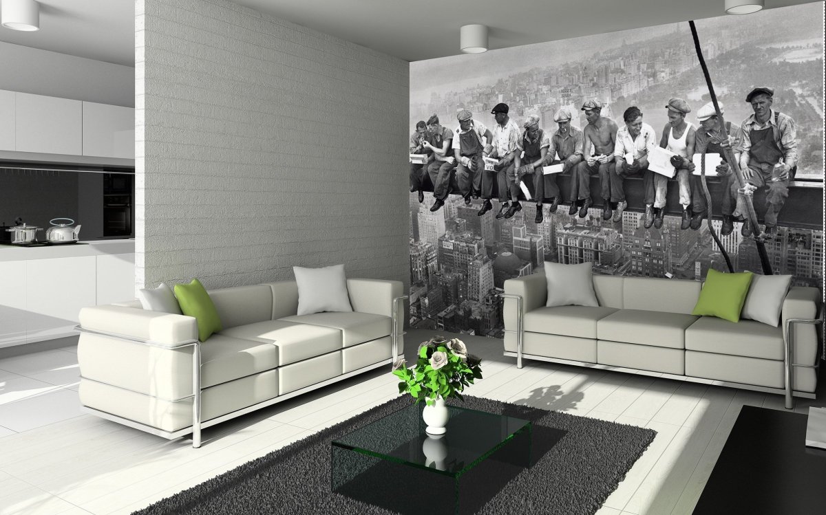 Серые фотообои в интерьере гостиной