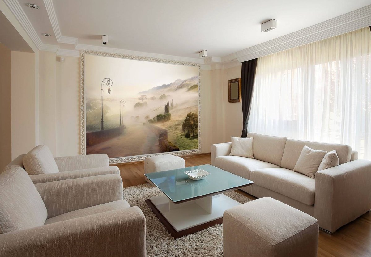 Фотообои в интерьере гостиной идеи