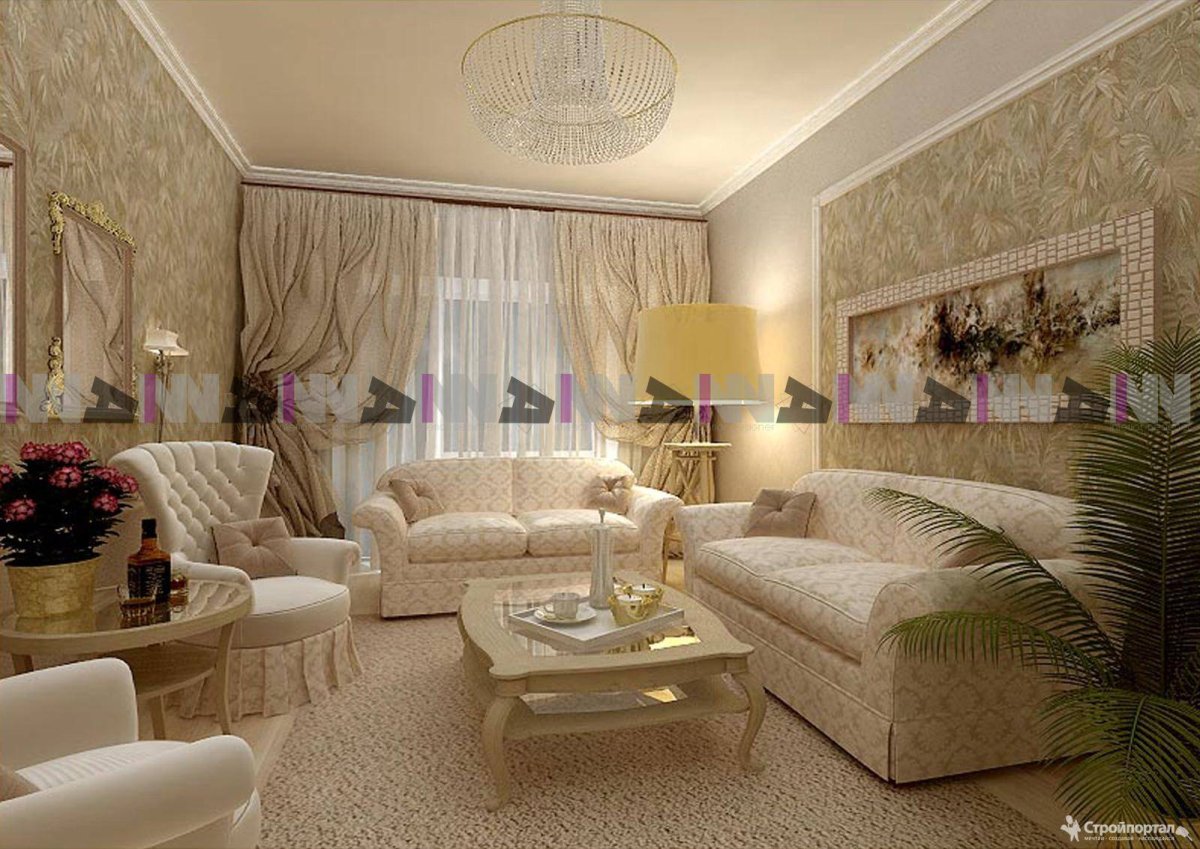 Зал в классическом стиле в светлых тонах в обычной квартире