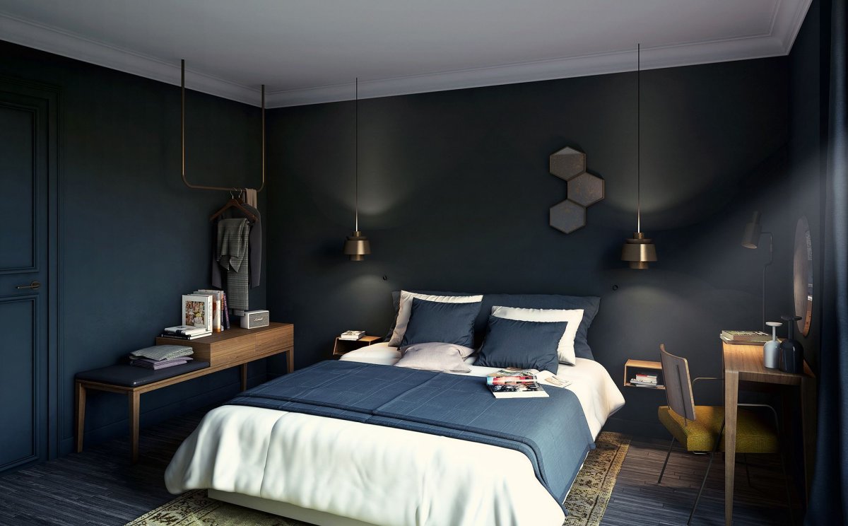 Спальня в темно синем цвете