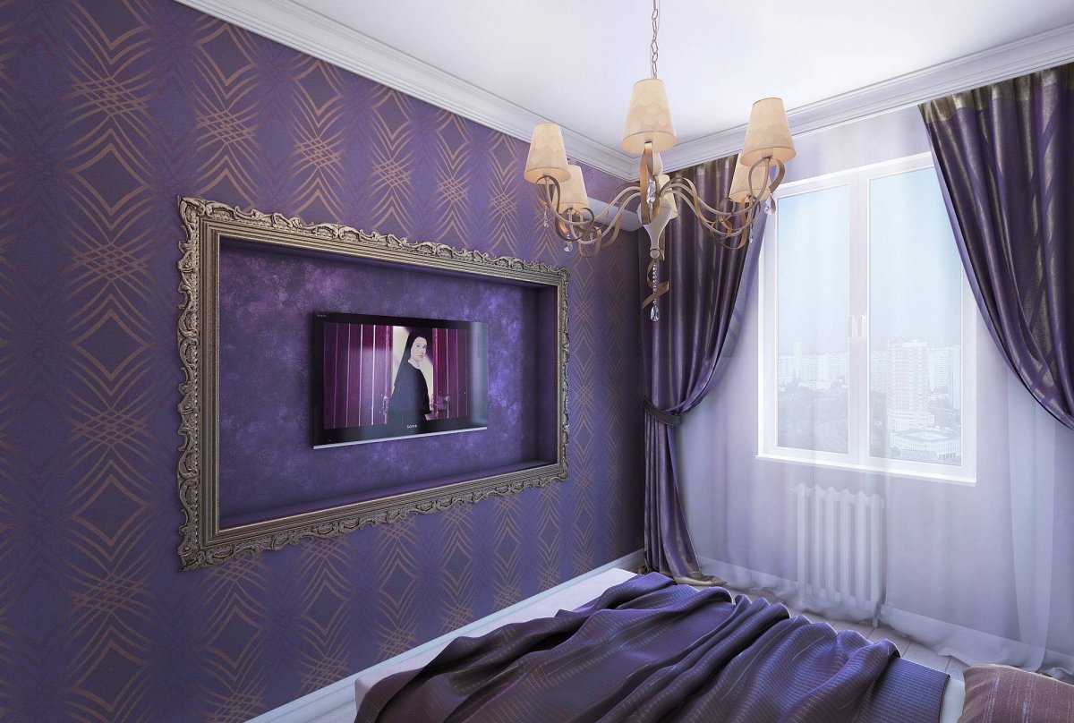 Фиолетовые шторы с вензелями в интерьере