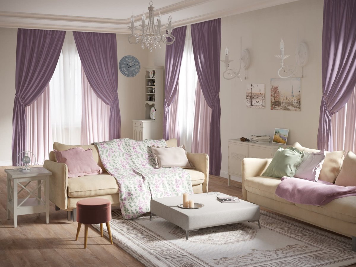 Сиреневые шторы в интерьере гостиной