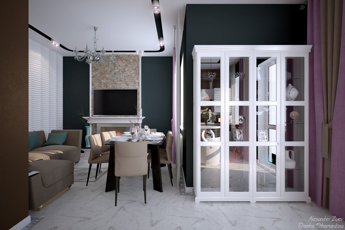 Французские двери между кухней и гостиной