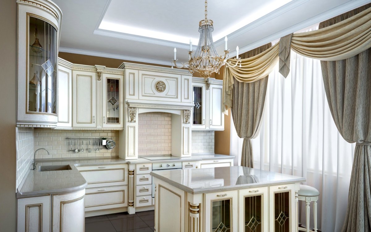 Кухня классика белая с золотой патиной