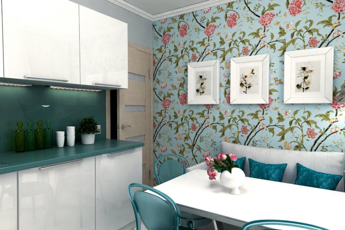 Бирюзовые обои в интерьере кухни