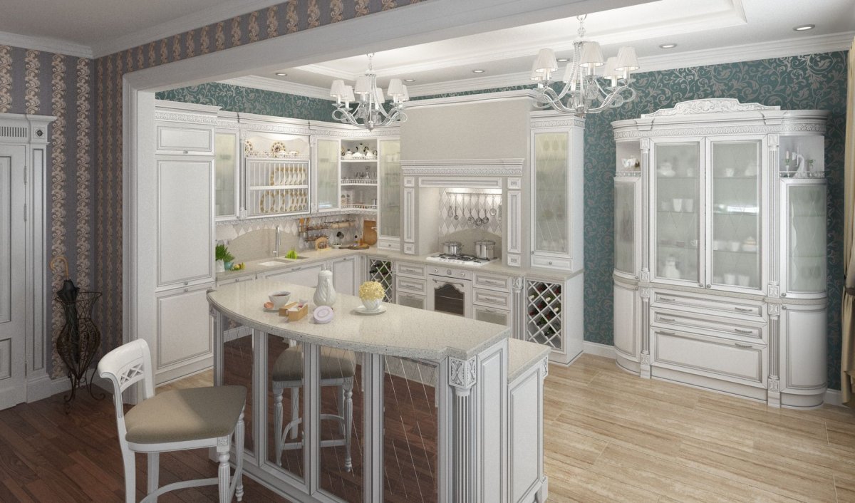 Кухня классическая белая с колоннами