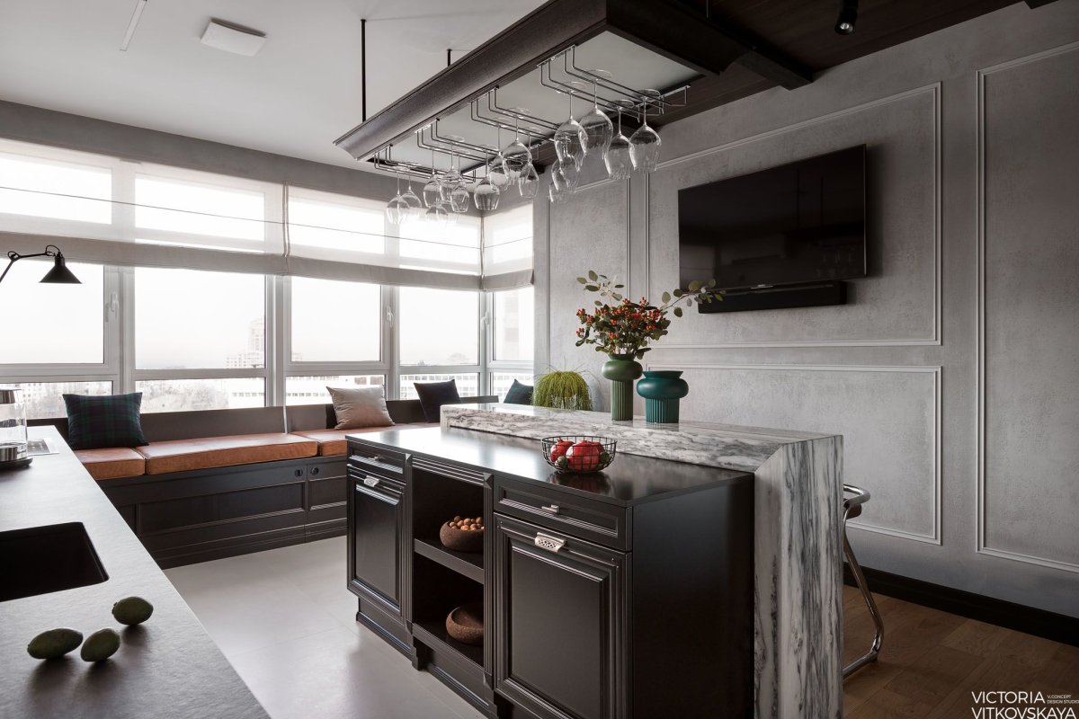 Текстиль при серой брутальной кухни