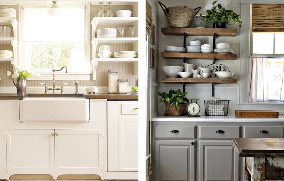 Открытые полки на маленькой кухне