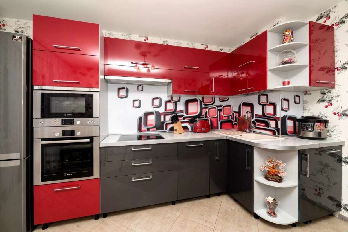 Угловая кухня из пластика красно черные