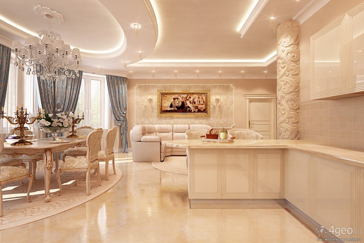 Шикарная кухня, гостиная в частном доме