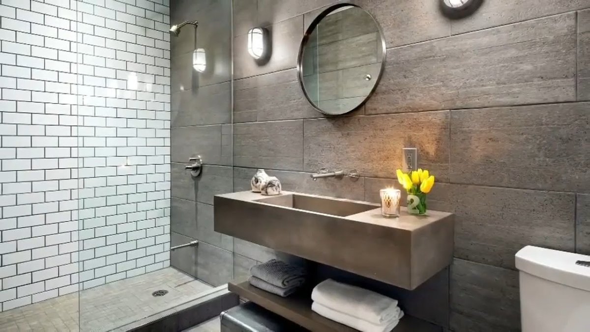 Санузел штукатурка под бетон и дерево