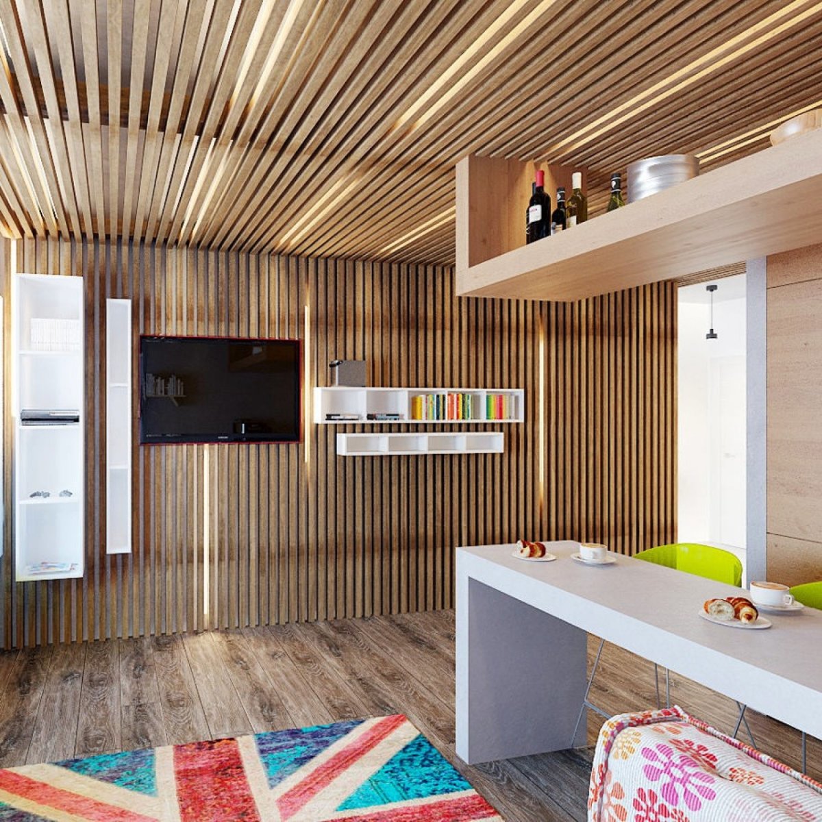 Отделка стен деревянными рейками