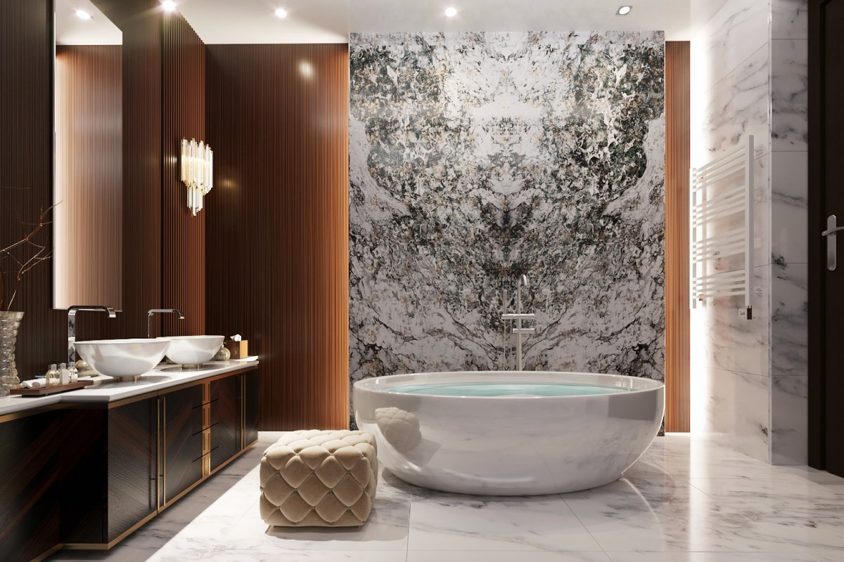 Мраморный шпон в ванной