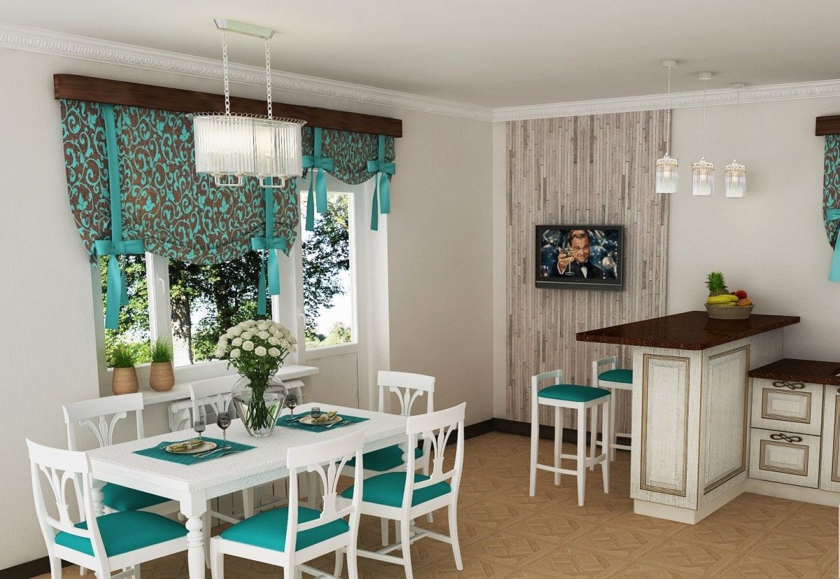 Бирюзовые шторы на кухне