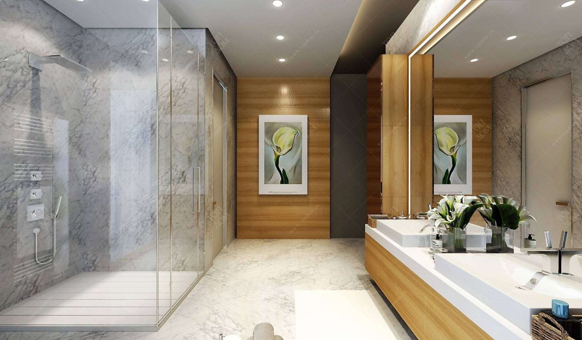 Интерьер ванной комнаты мрамор и дерево