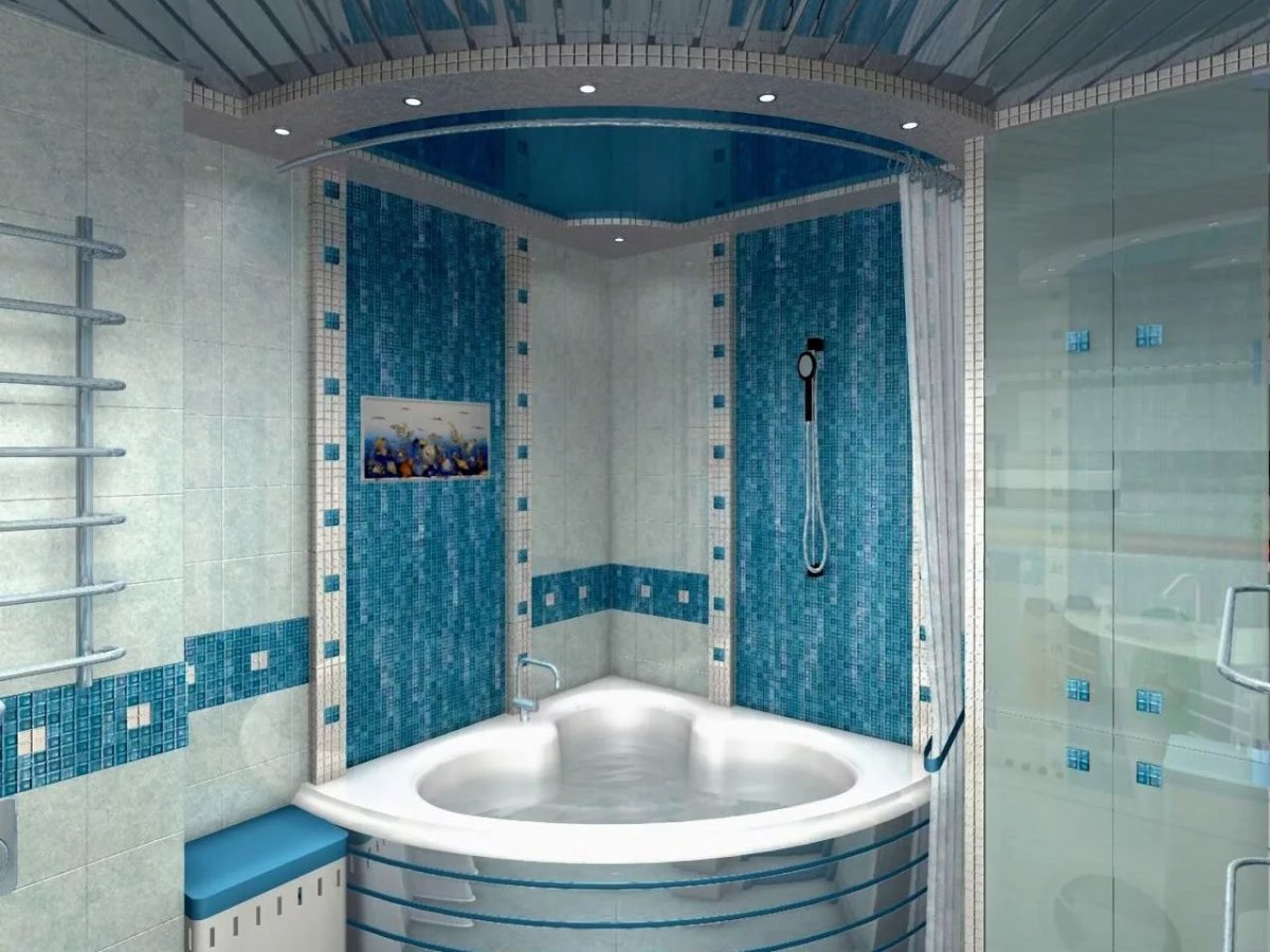 Санузел с угловой ванной и душевой