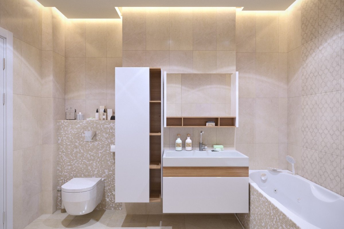 Совмещенный санузел в бежевых тонах