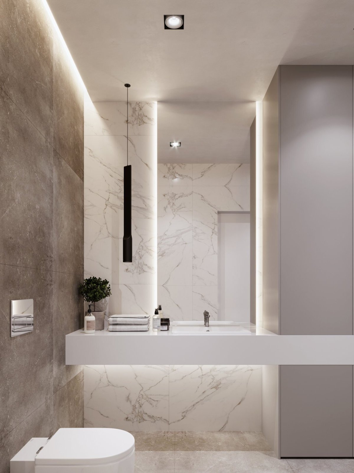 Ванная белый мрамор с бежевым