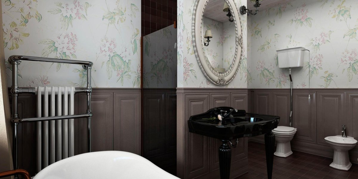Ванная в английском стиле с обоями