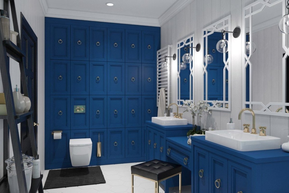 Синий шкаф в ванной